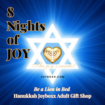 The world's first Jewish Joyboxx Hanukkah Gift Kit - Blue Background with White Star of David and Text 8 Nights of Joy, be a lion in bed, joyboxx.com