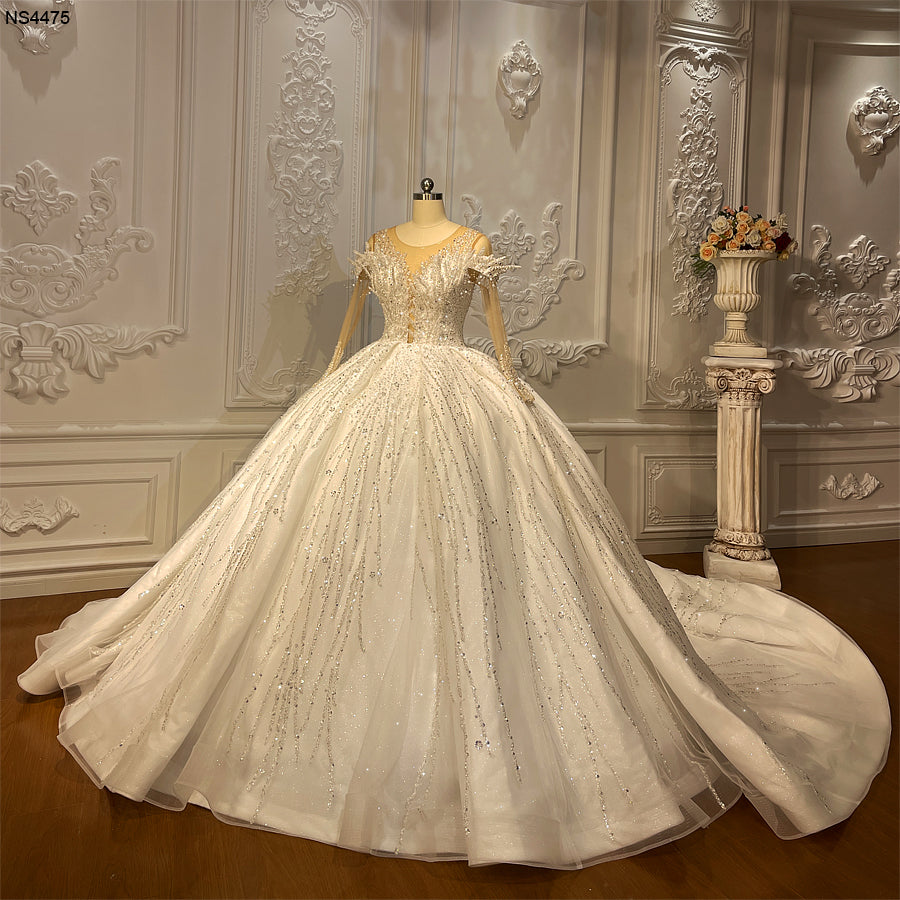 NS4475 Custom Made Long Sleeve Lace Ball Gown Glitter Wedding Dress ...
