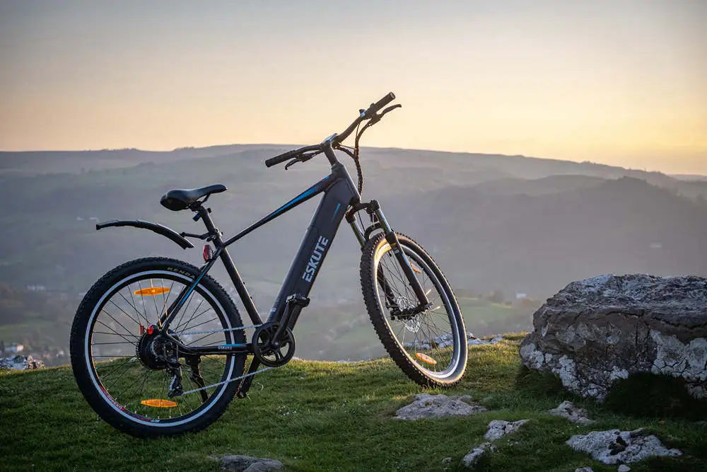 Netuno E-Mountain Bike on the mountain top is equipped with mudguard