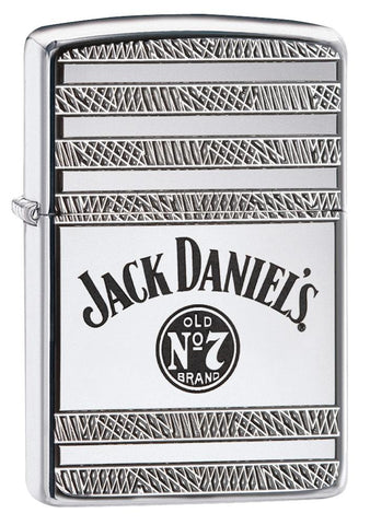 Frontansicht 3/4 Winkel Zippo Feuerzeug chrom Jack Daniel's Schriftzug in der Mitte Deep Carve