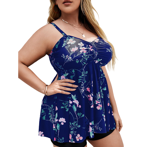 Plus Size Floral Print Swim Dress With Shorts Dark Blue Plus Curvves