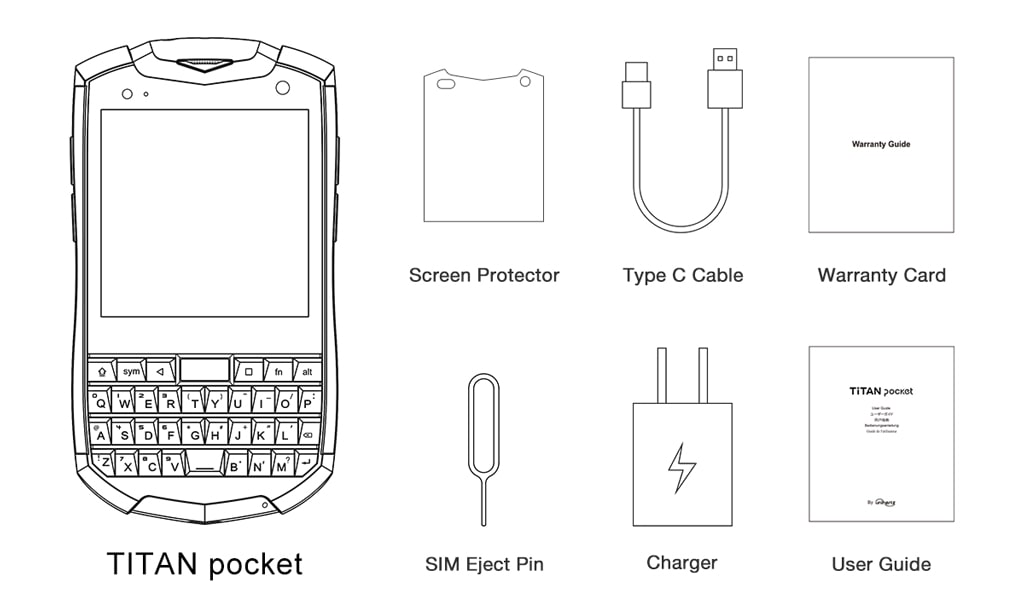 Things that are included in the box of Titan Pocket. Including an extra screen protector.