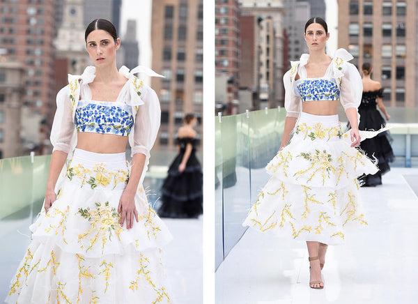Agatha - Long white dress with two layers, hand-applied yellow floral embroidery. Mimiela at NYFW