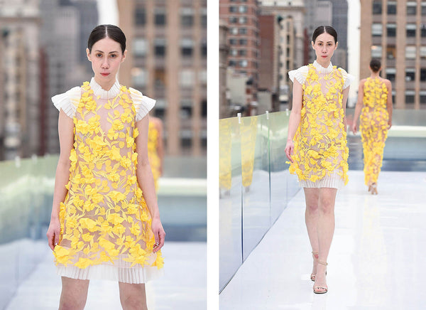 Sol - Short dress, 3D yellow floral embroidered sheer, with pleated technique of shoulders, neckline and dress bottom. Mimiela at NYFW