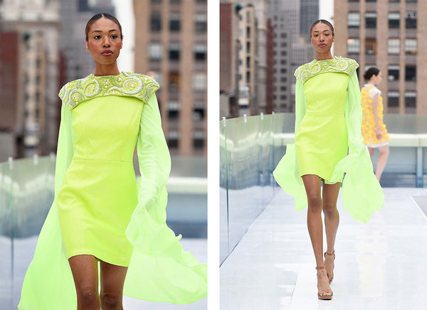 Summer - fitted dress with satin lining, green neon sequence, with very long chiffon sleeves. Mimiela at NYFW