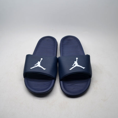 blue and white jordan slides