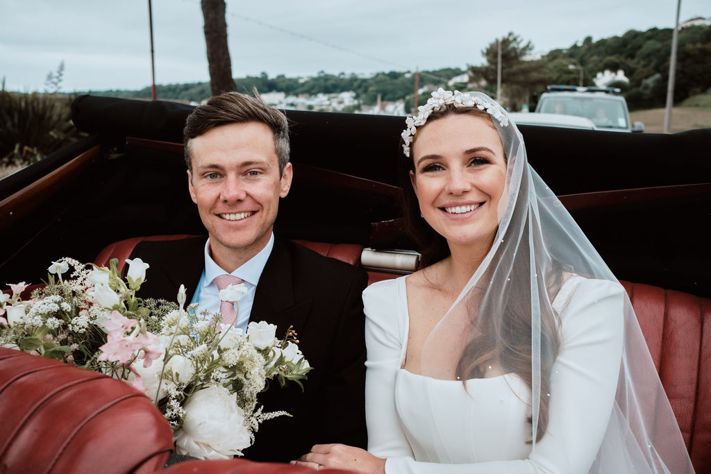 Real bride Hannah wearing Wild Rose Tiara with a Suzanne Neville gown