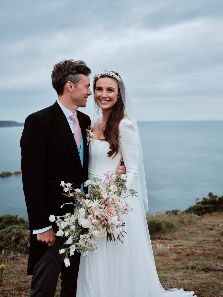 Real bride Hannah wearing Wild Rose Tiara with a Suzanne Neville gown