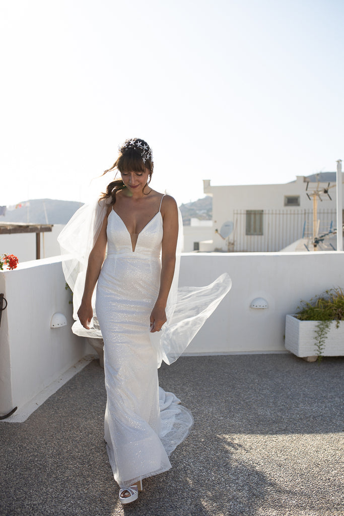 Real Bride Stephanie wearing a bespoke Orion Crown and Ear Cuff