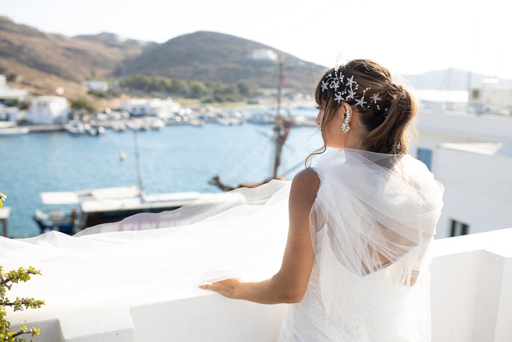 Real Bride Stephanie wearing a Bespoke Orion Crown and Ear Cuff