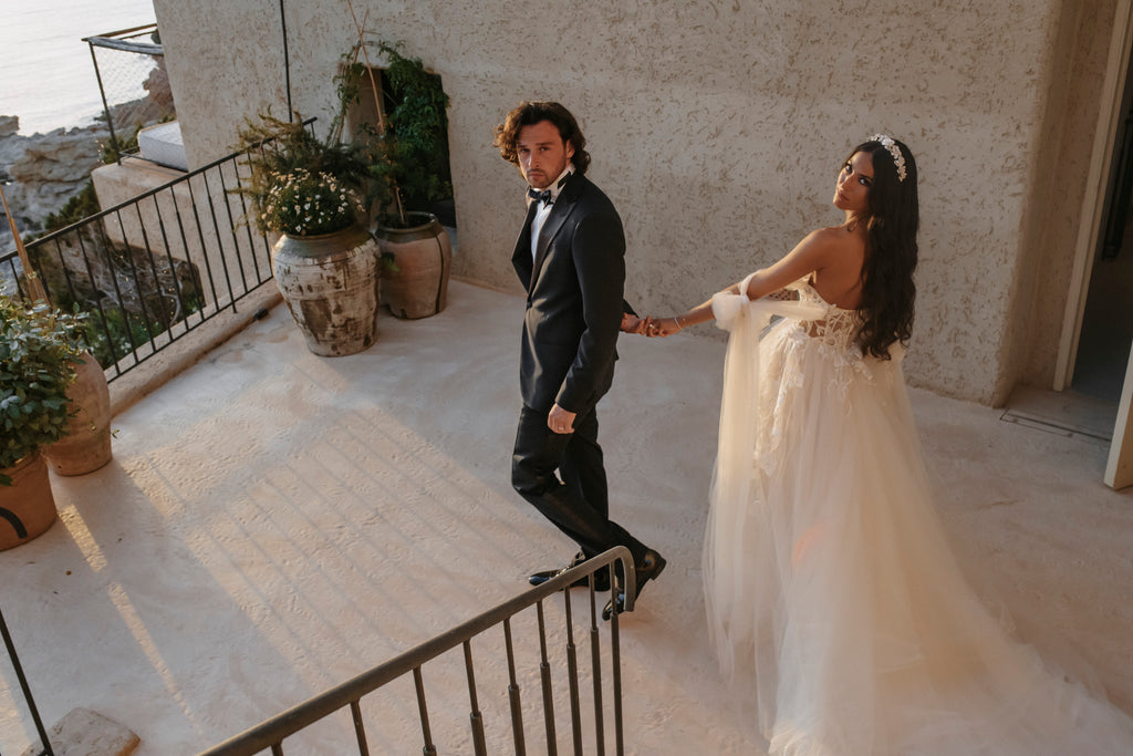 Real bride, Hermione Harbutt, wild rose, Crown, Tiara, brunette bride, regal, royal wedding, hair accessories, headpiece, inspiration, wedding, freshwater pear, pearl, flowers, mother of pearl, crystal, Berta dress from the wedding club, TaliPhotography, Berta muse gown