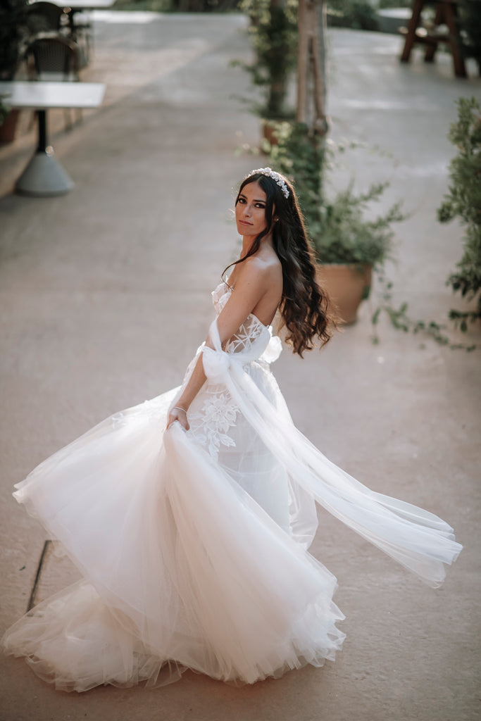 Real bride, Hermione Harbutt, wild rose, Crown, Tiara, brunette bride, regal, royal wedding, hair accessories, headpiece, inspiration, wedding, freshwater pear, pearl, flowers, mother of pearl, crystal, Berta dress from the wedding club, TaliPhotography, Berta muse gown