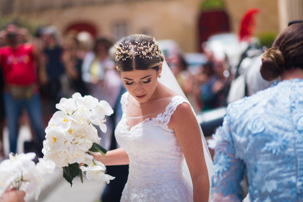 Real bride, Hermione Harbutt, blond bride, up do, veil, hair accessories, bespoke, freshwater pearl, mother of pearl, pearl, headpiece, garland, tiara, crown, flowers, bespoke, wedding gown, wedding inspiration, crystal, Swarovski, gold, gini, celeste, champagne