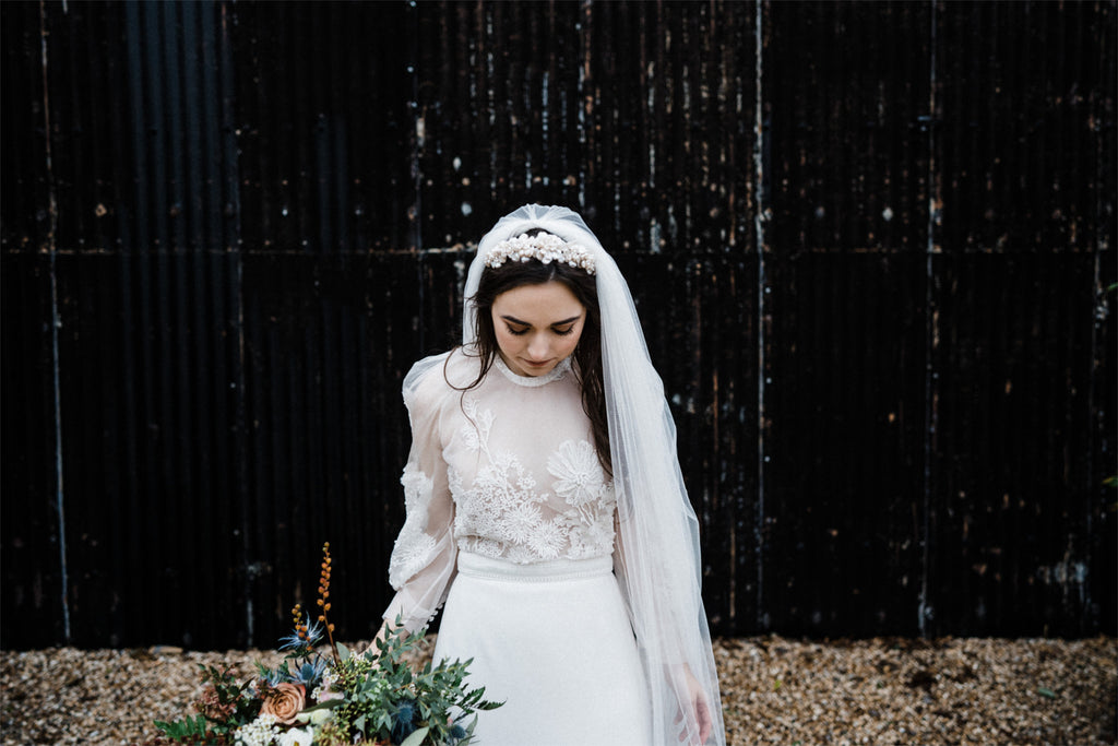 Real Bride Ella wearing bespoke wild rose headdress