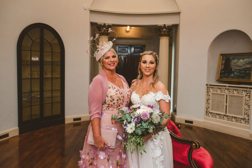 Real bride Fenella wearing Fleurette Garland and Mother of the bride in Bespoke headdress