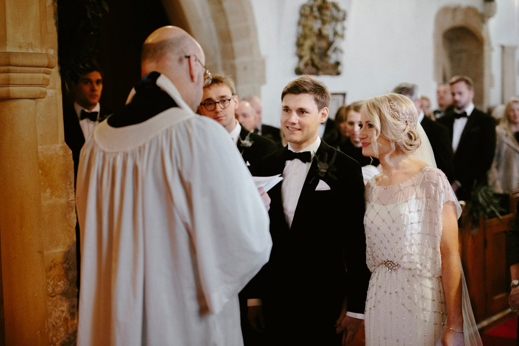 Real bride Georgie wearing bespoke dewdrop headpiece