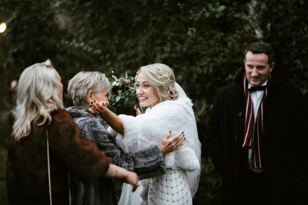 Real bride Georgie wearing a bespoke dewdrop headpiece