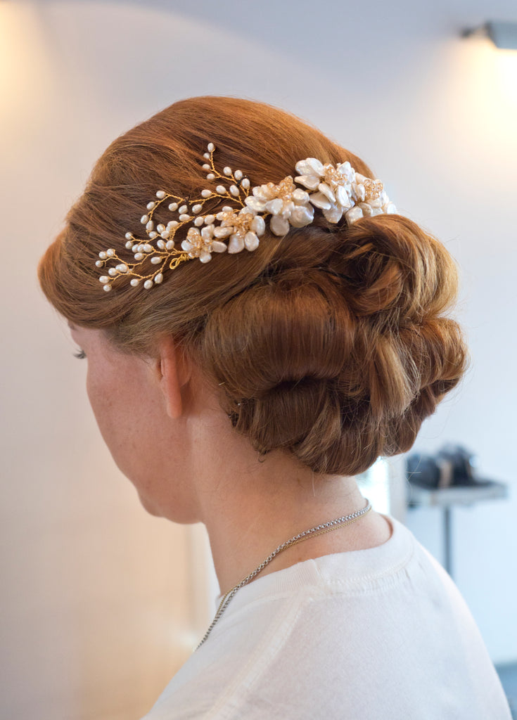 Real bride Madeleine wearing bespoke hair piece