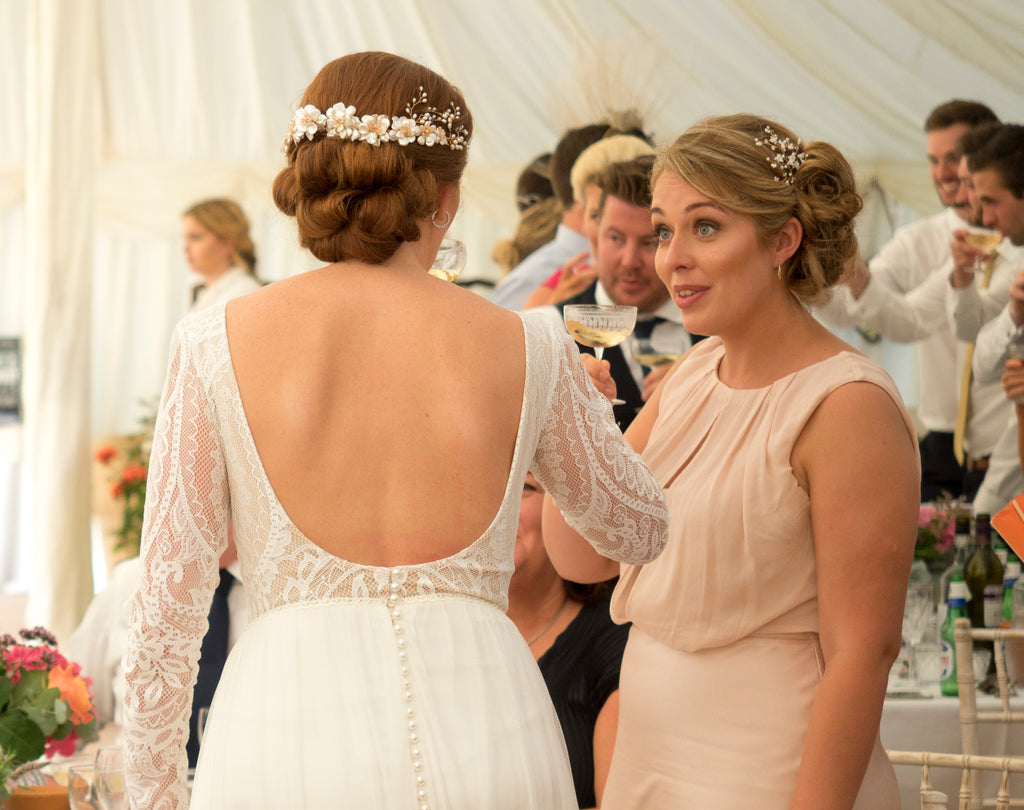 Real bride Madeleine wearing bespoke hairpiece