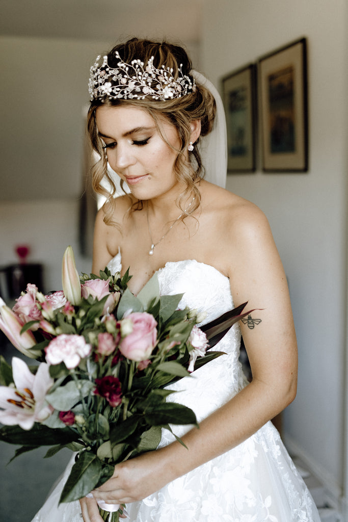 Real Bride Natasha wearing a bespoke Sakura Crown