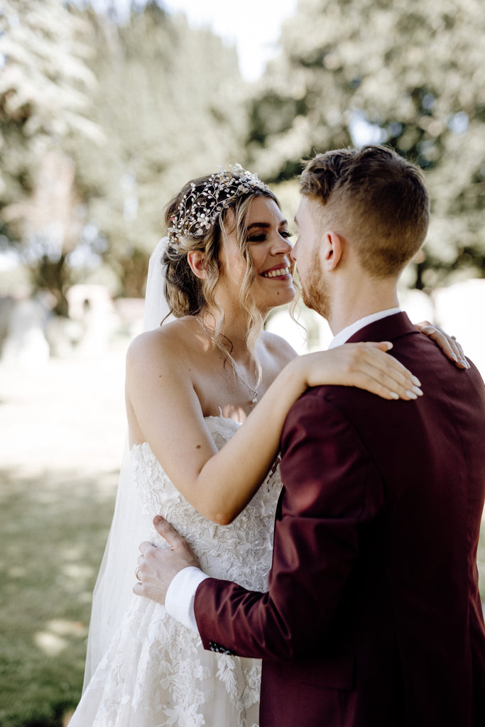 Real Bride Natasha wearing bespoke sakura crown