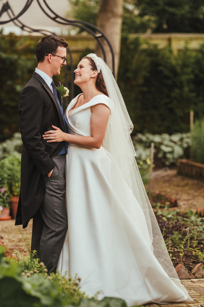 Real bride, Hermione Harbutt, brunette bride, bespoke, hair accessories, bespoke, freshwater pearl, mother of pearl, pearl, headpiece, garland, tiara, flowers, bespoke, wedding gown, wedding inspiration, crystal, Swarovski, silver, Fleurette, headband, bridal headband