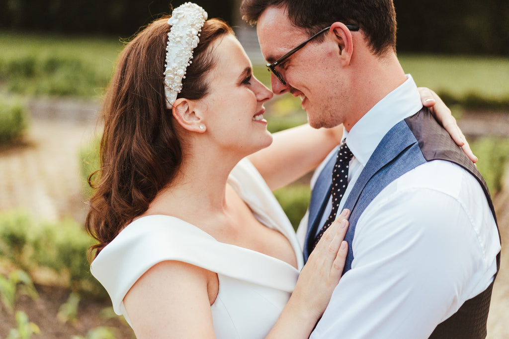 Real bride, Hermione Harbutt, brunette bride, bespoke, hair accessories, bespoke, freshwater pearl, mother of pearl, pearl, headpiece, garland, tiara, flowers, bespoke, wedding gown, wedding inspiration, crystal, Swarovski, silver, Fleurette, headband, bridal headband