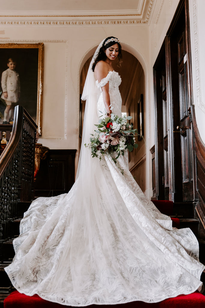 Real bride Priyanca wearing bespoke Wild rose tiara