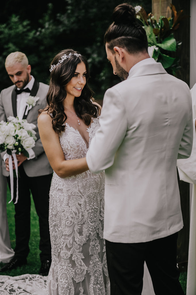 Real Bride Veronica wearing Fleurette Garland