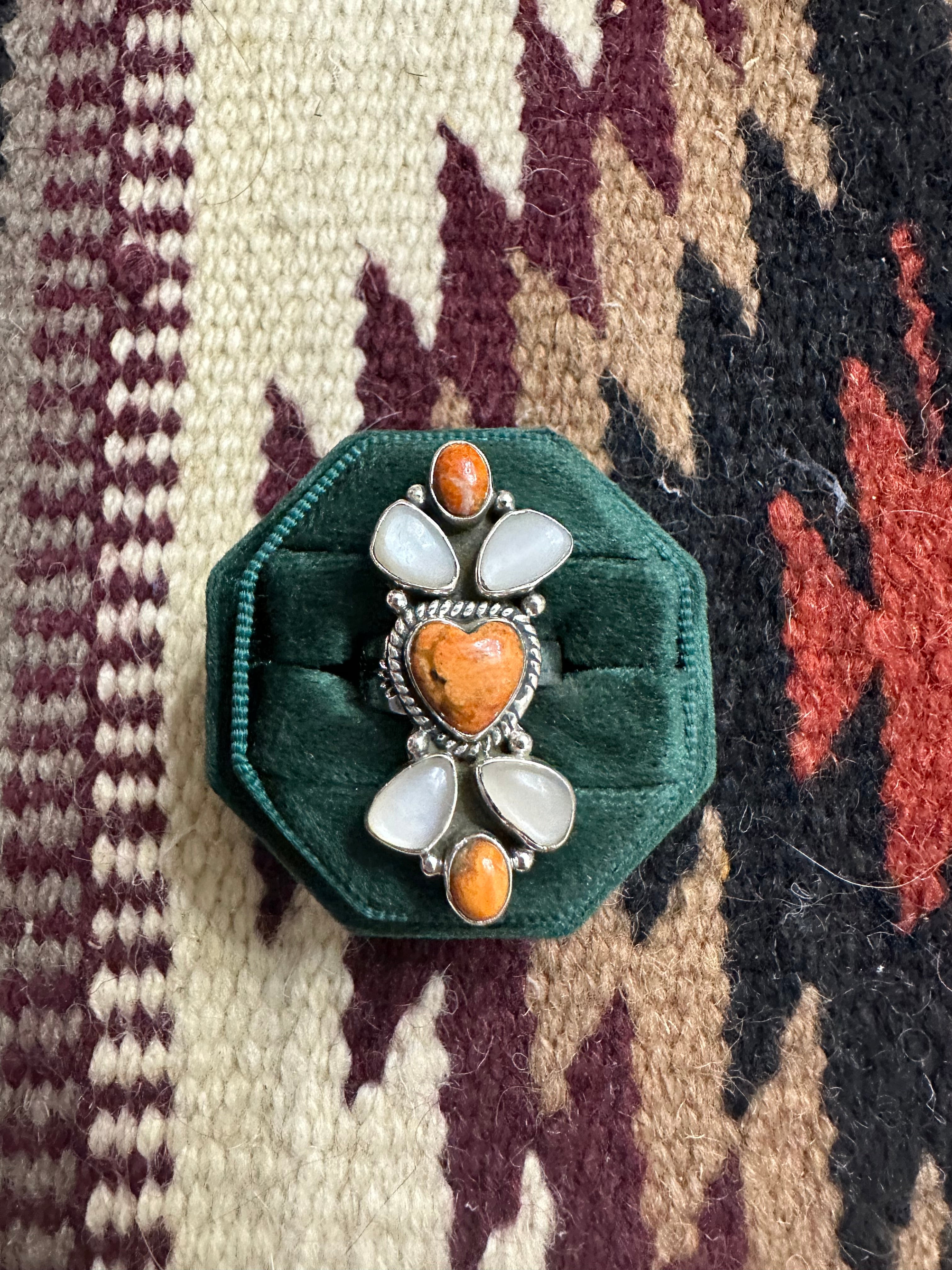Beautiful Handmade Orange Mojave, Mother of Pearl And Sterling Silver Adjustable Heart Ring