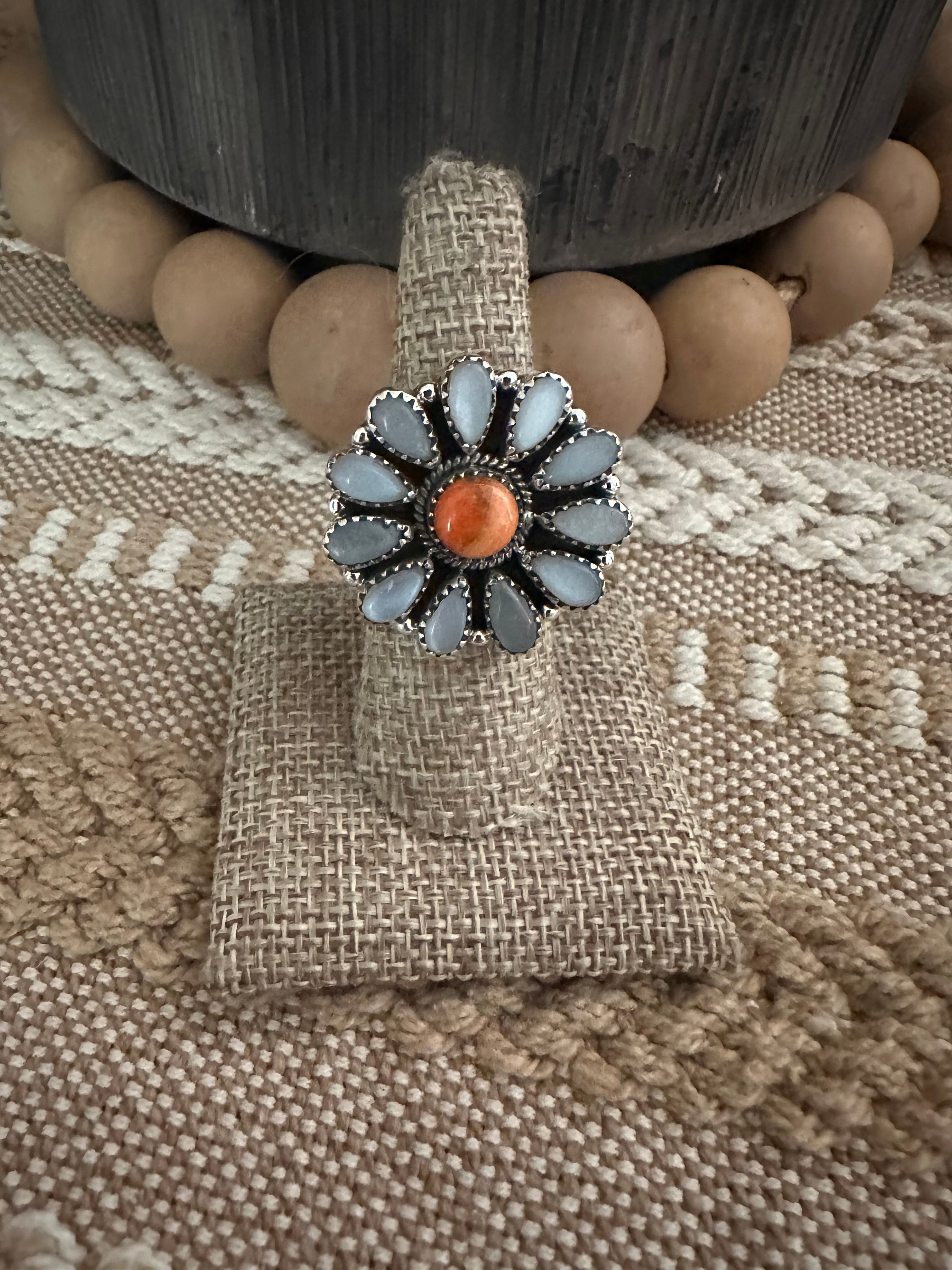 Beautiful Handmade Orange Spiny, Mother of Pearl And Sterling Silver Adjustable Ring