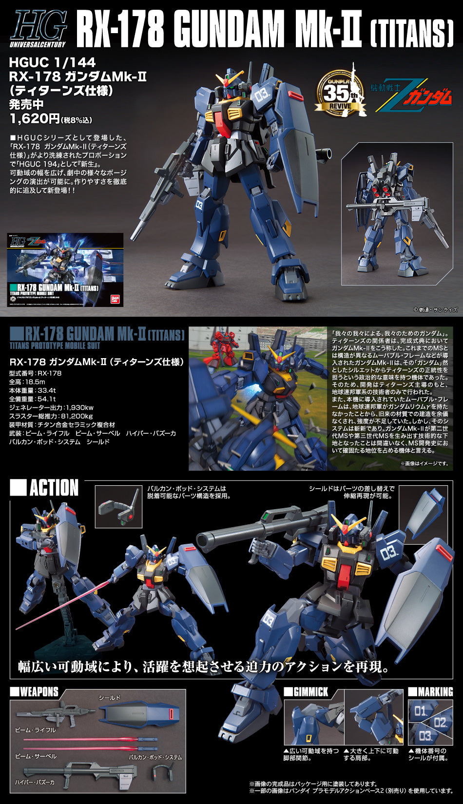 BAS2310610 Bandai HG 1/144 RX-178 Gundam MK-II Titans Model Kit