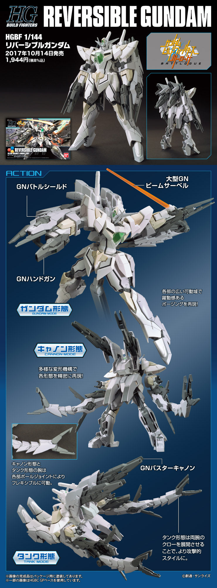 BAS2393111 Bandai HGBF 1/144 CB-9696G/C/T Reversible Gundam Model Kit 4573102588968