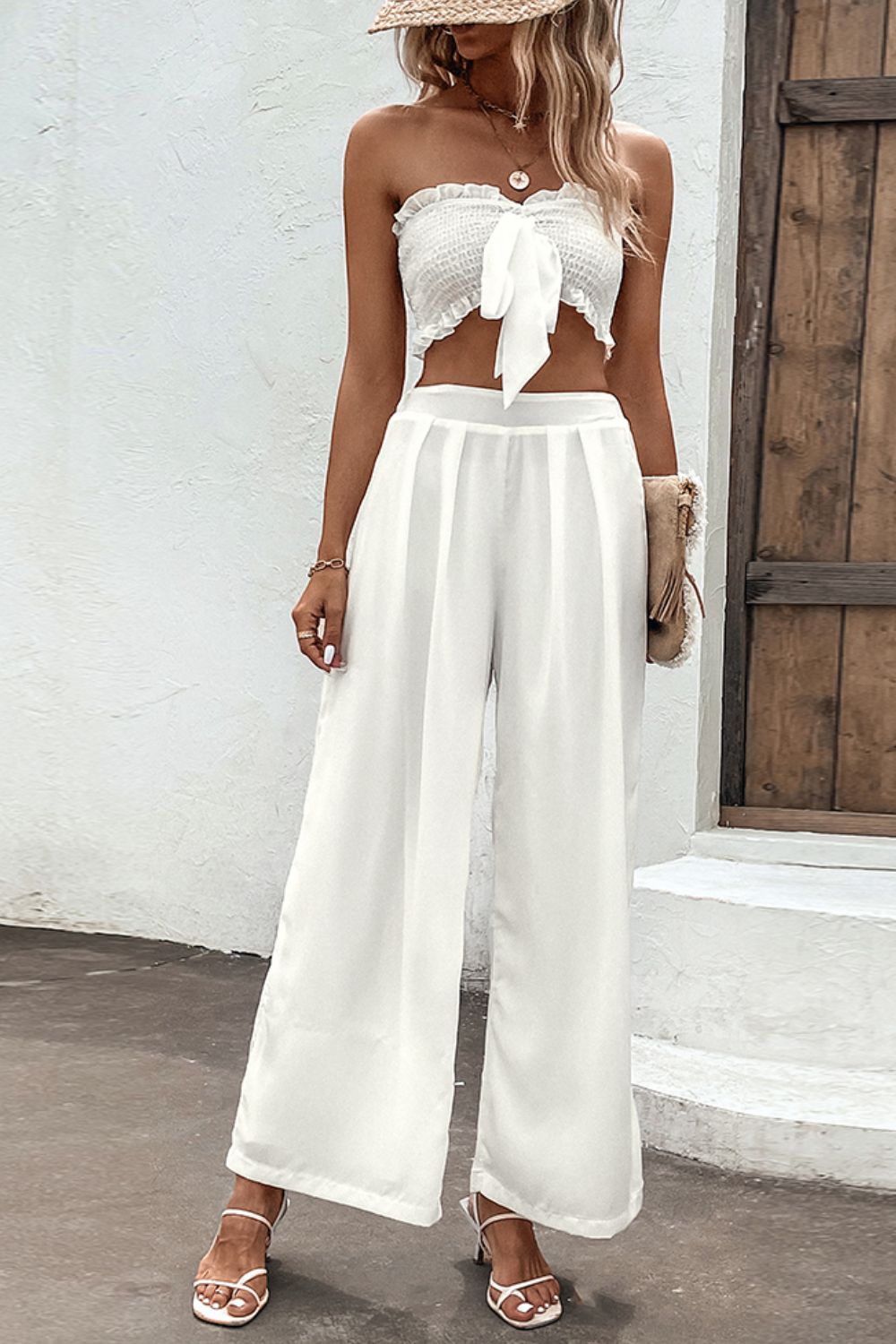 Tie Shoulder Smocked Crop Top and Wide Leg Pants Set – Undeniably Boutique