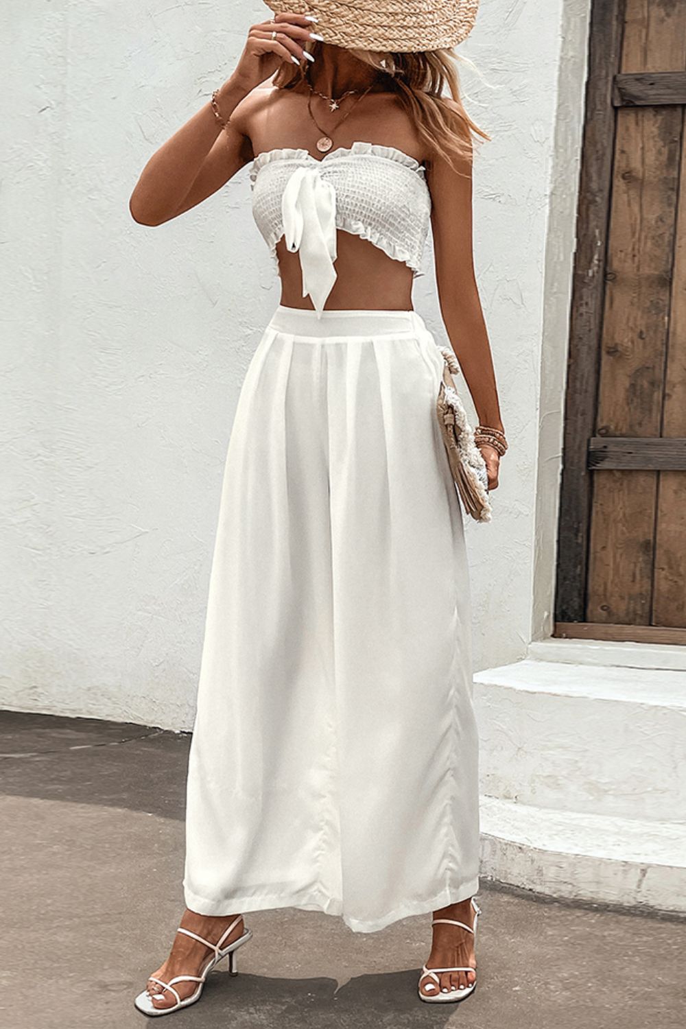 Tie Shoulder Smocked Crop Top and Wide Leg Pants Set – Undeniably Boutique