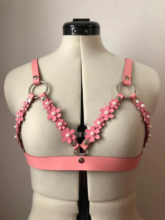 Women Genuine Leather fetish Cage Harness bra With clips at back