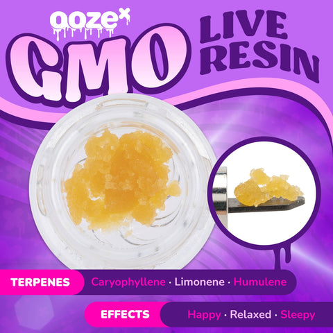 A purple OozeX GMO live resin graphic that indicates terpenes and feelings.