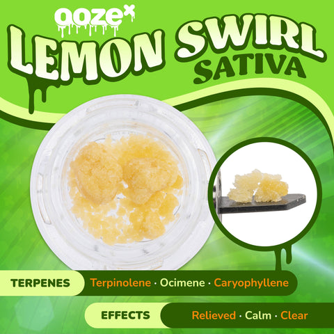 A green OozeX Lemon Swirl sativa Live Resin graphic shows the concentrates in a jar and on a dab tool, and indicates the terpenes and strain's effects.