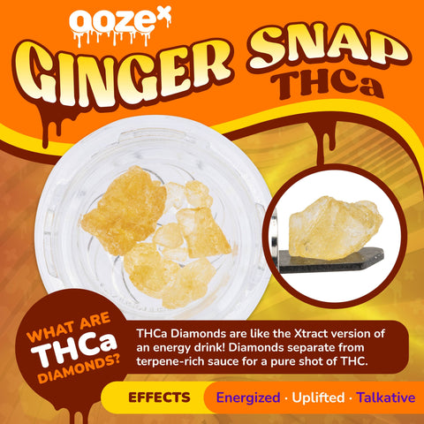 An orange OozeX Ginger Snap THCa diamonds graphic shows the concentrates in a jar and on a dab tool, and explains what diamonds are below.