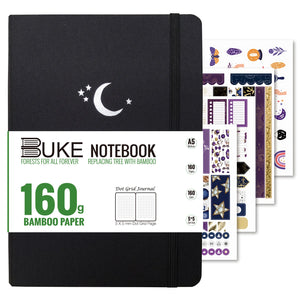 160GSM Bamboo Paper Bullet Dotted Journal Sketchbook Black Fabric Hardcover A5 Size,160 Pages 5x5mm DOT-GRID MOON Stars - bukenotebook - Bullet Grid Journal