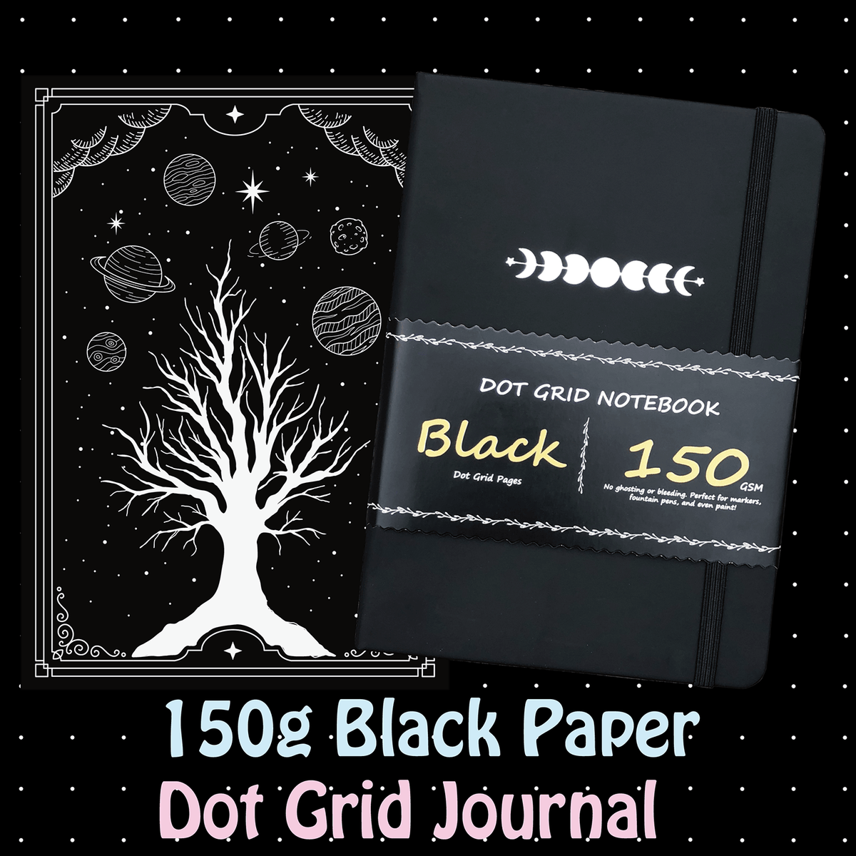 A5 Black Paper Bullet Journal Dot Grid Notebook - Moon Stars