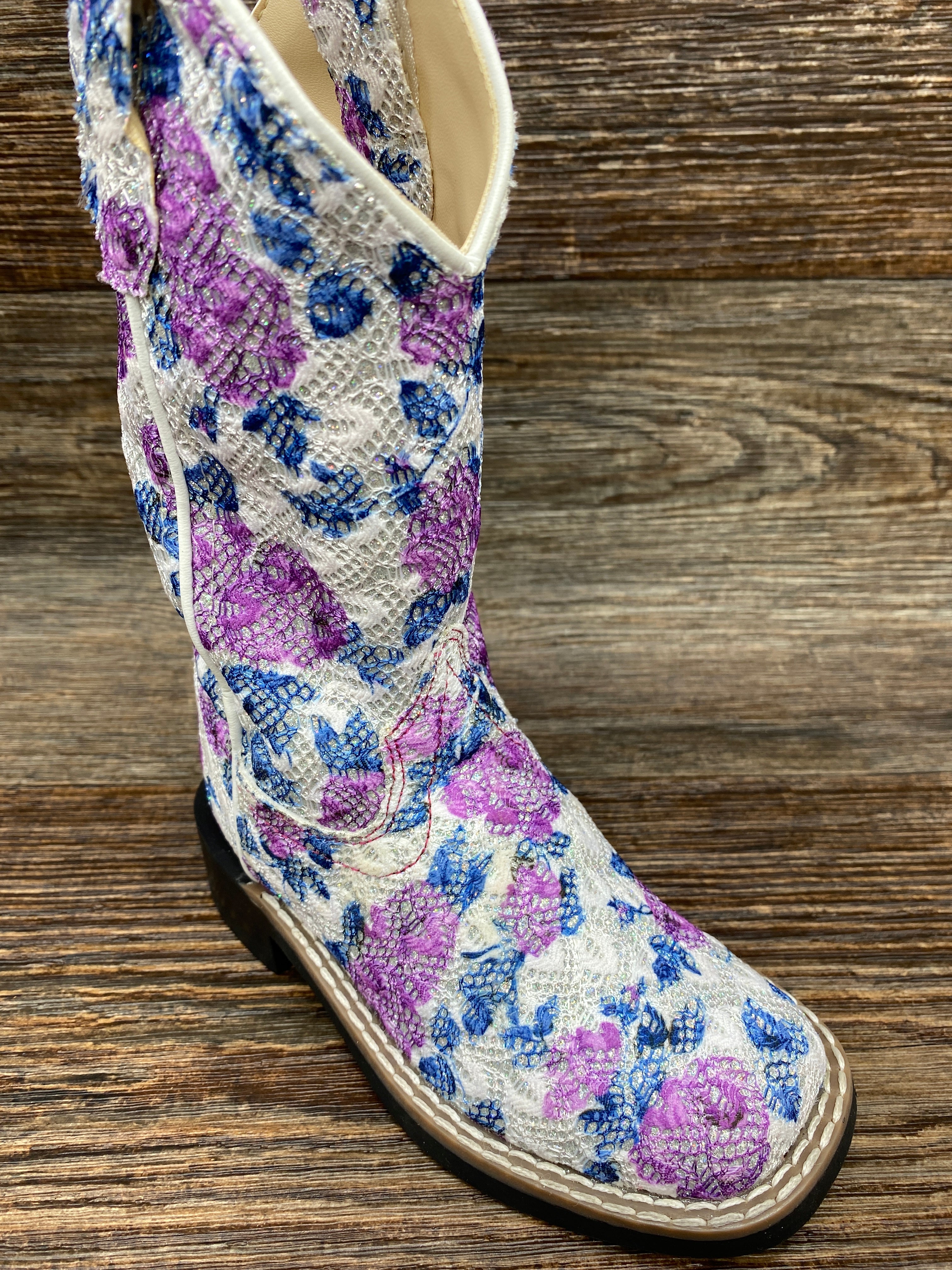 vb9151 Girl's Square Toe Western Boots - Flower Print Knit with Glitter  Underlay by Jama Old West