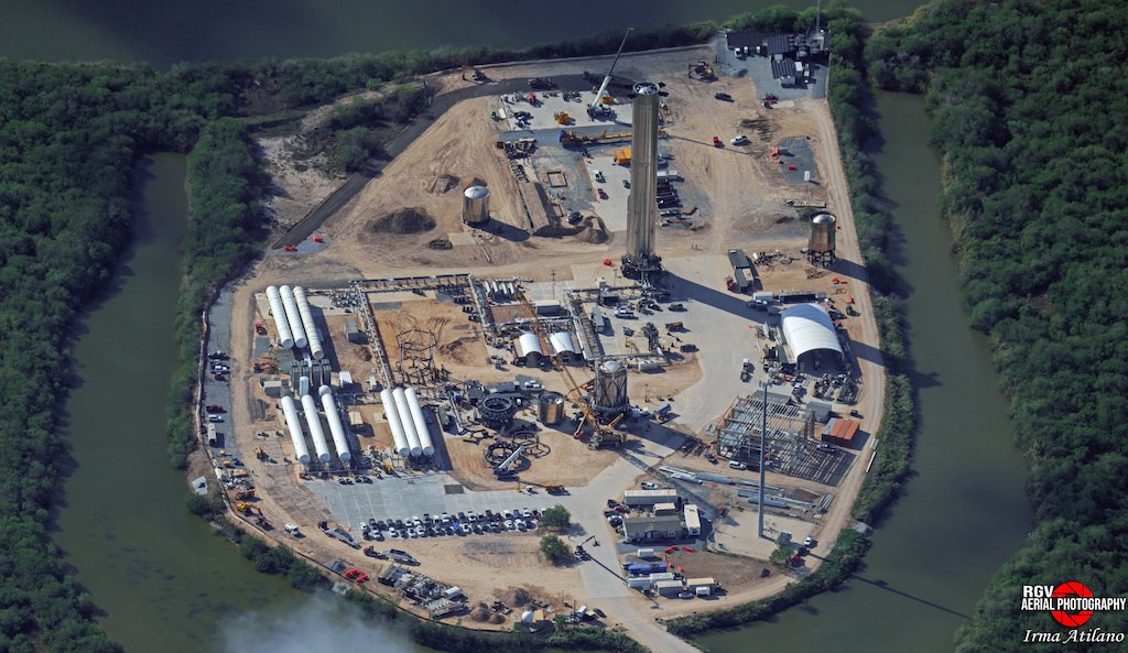 An aerial overview shot of the SpaceX Massey's site at Starbase Texas.