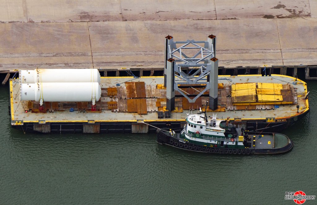 A Tower Segment from Starbase Florida arrives on a barge at SpaceX in South Texas.