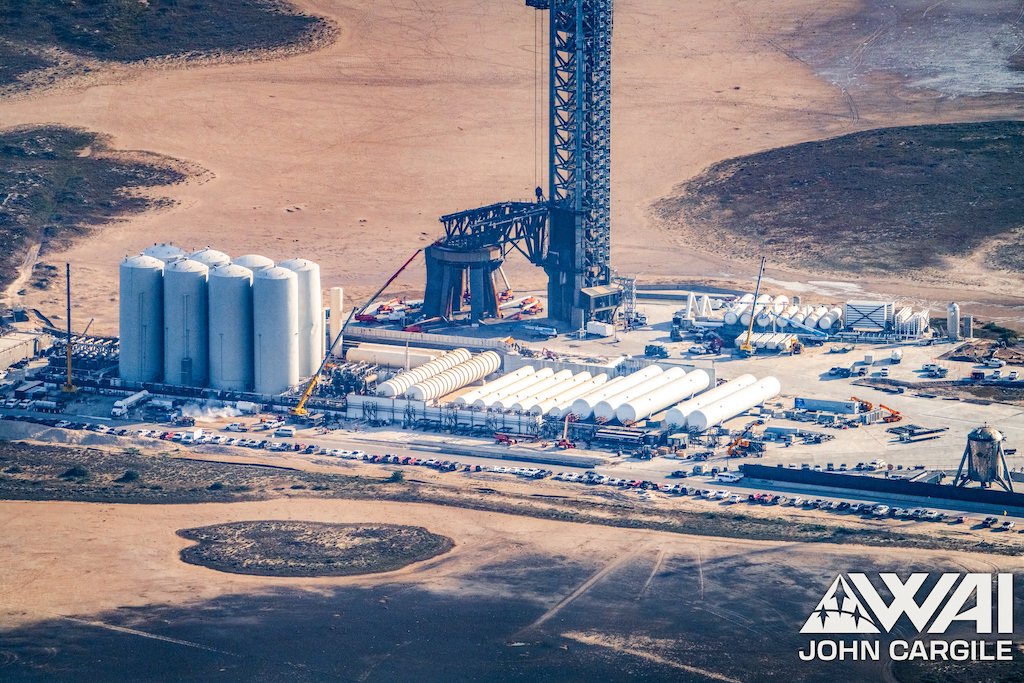 An aerial overview photo showing the orientation of the tank farm at the SpaceX Starbase Launch Site.