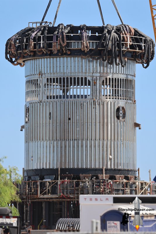 A test Starship tank hooked up to the can crusher rig at the SpaceX Massey's Site at Starbase.