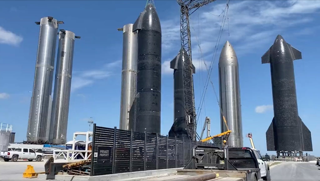 4 Starships and 3 Boosters site parked in the Rocket Garden at the SpaceX Sanchez Site.