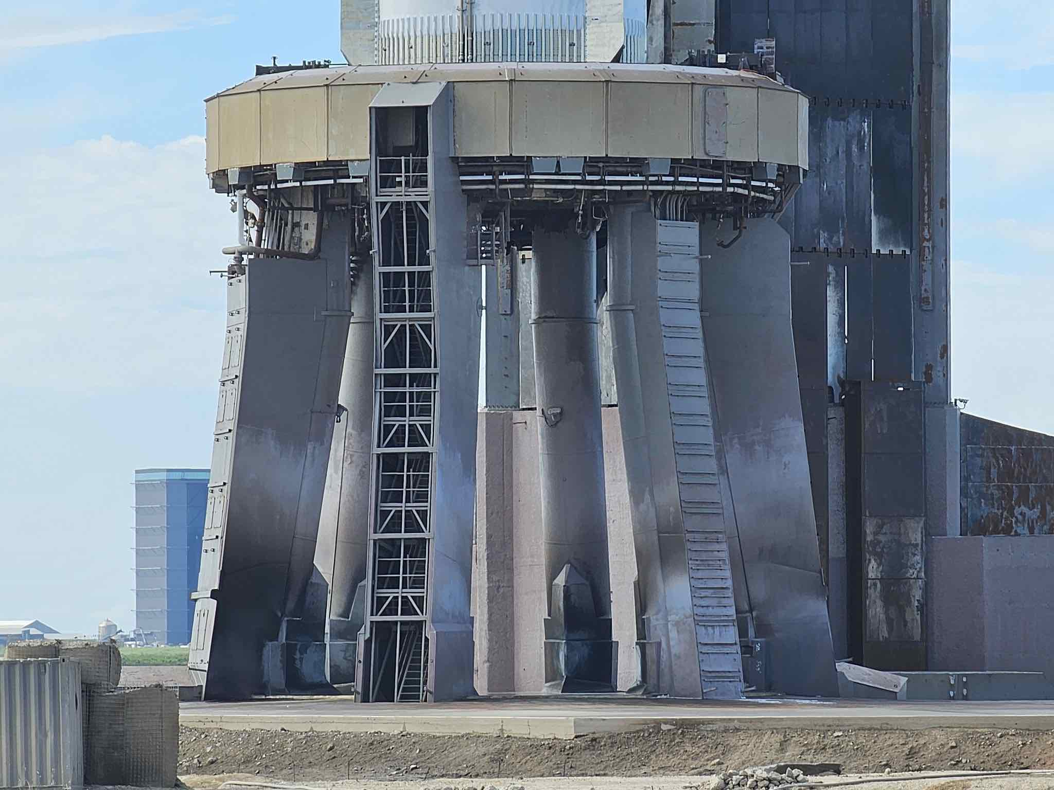 A close-up shot of the Orbital Launch Mount at SpaceX's Starbase Launch Site.