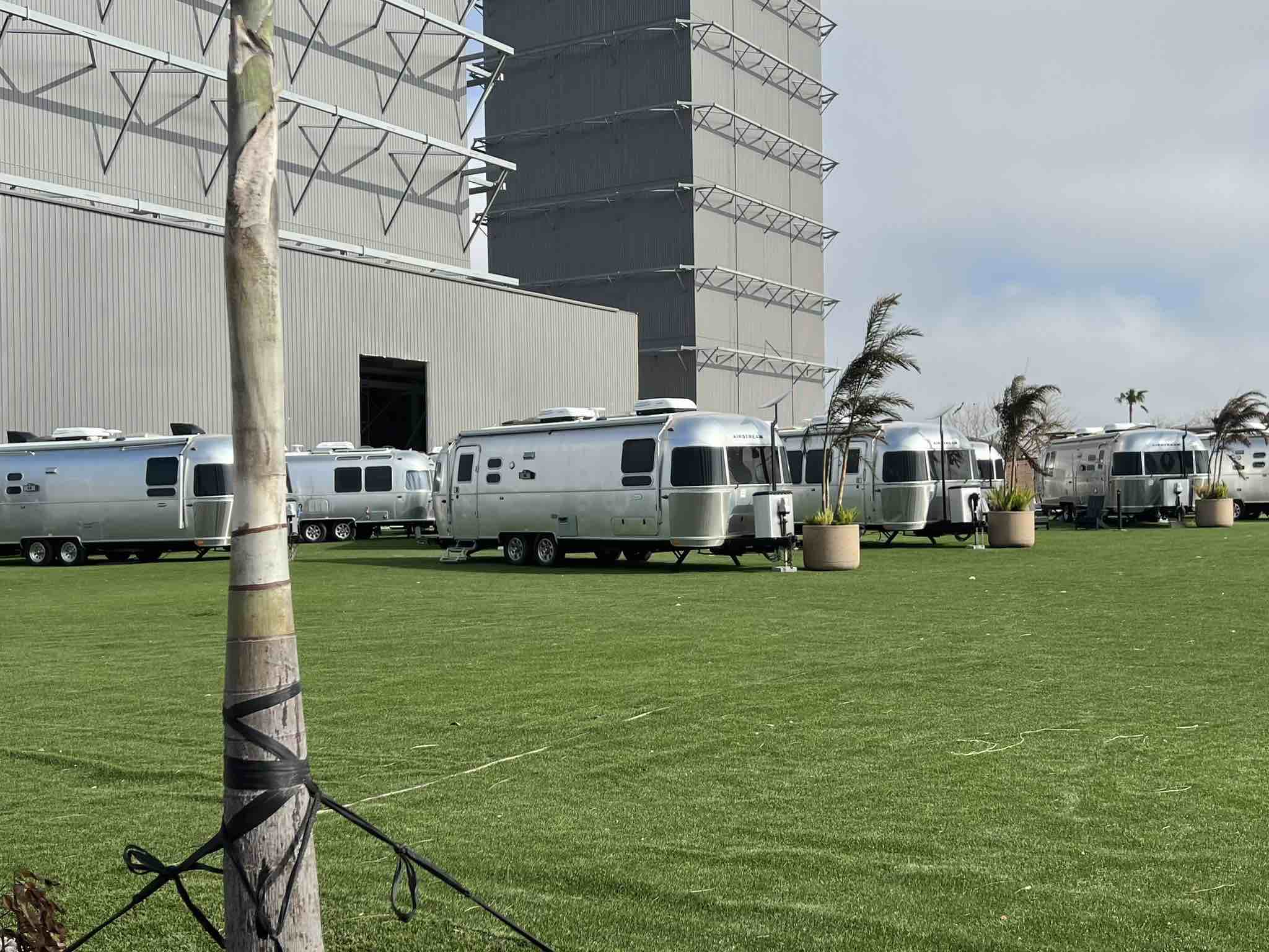 A SpaceX employee Airstream park near the Mega Bay. All Airstreams are equipped with Starlink dishes.