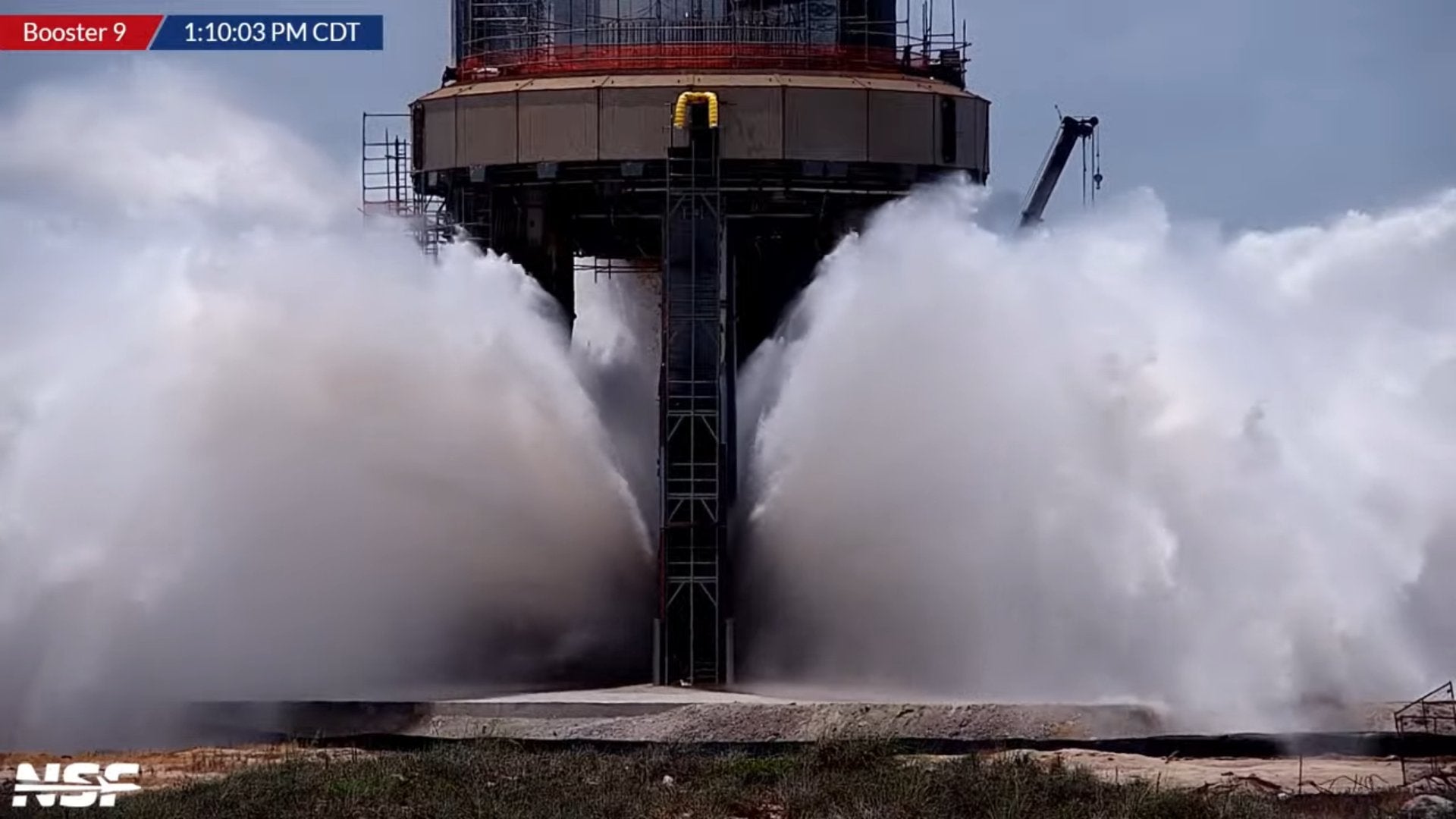 A full-scale water deluge test at the SpaceX Starbase Launch Site.